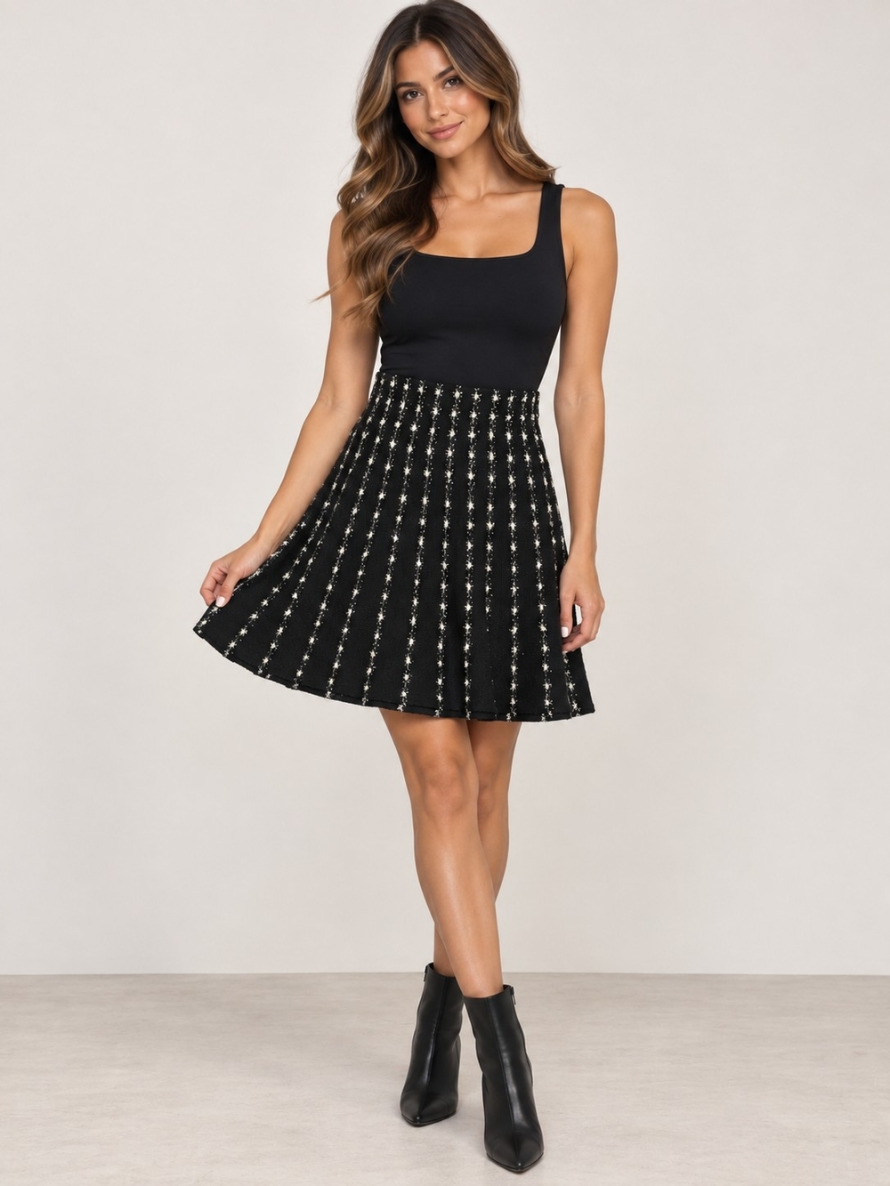 Frank Lyman Design Black Knit A-Line Dress with Metallic Accents